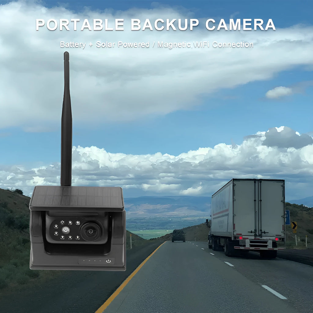 YL-Solar WF908 black wireless solar charging reversing camera with magnet mount on a vehicle.