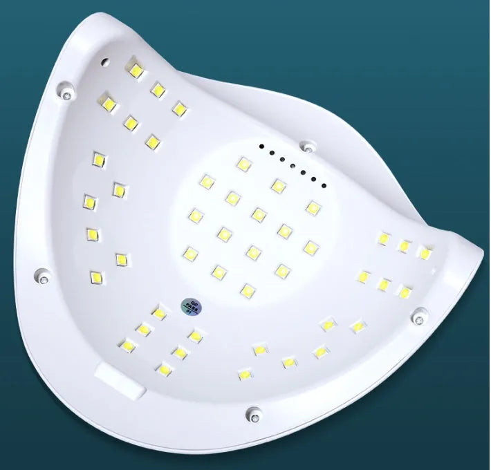 White portable gel nail lamp with 45 LED beads showing timer controls and dual UV/LED light source