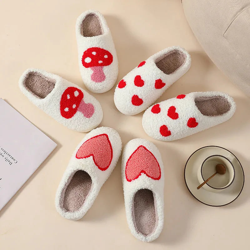 Women's plush home slippers with PVC sole in mushroom colour with round toe design