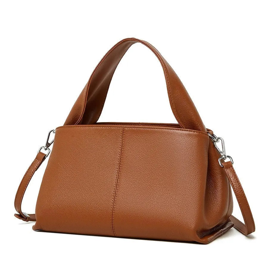 Women's genuine cowhide leather messenger bag with double shoulder straps in horizontal square shape