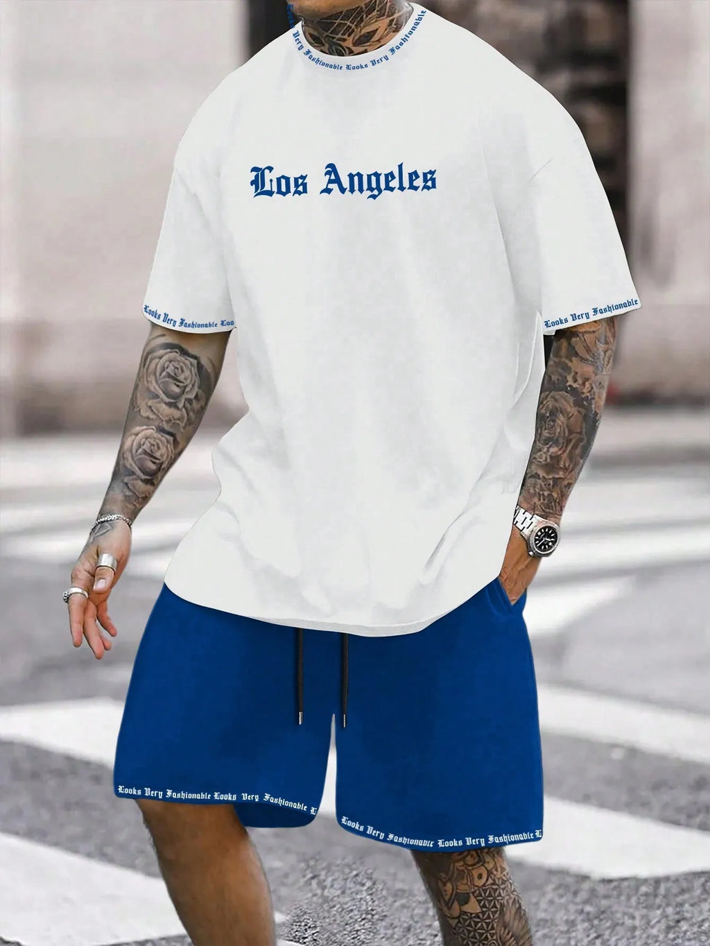 Sports style short-sleeved shorts set with printed pattern, loose fit shorts, and quick-dry fabric