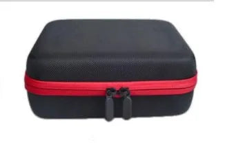 Red EVA essential oil storage bag with 30 compartments for 15ml bottles, shown wall-mounted.