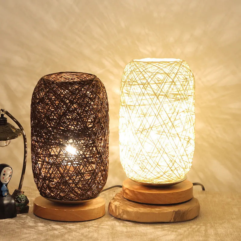 Brown twine Sepak Takraw patterned desk lamp with hemp rope weaving and wooden base