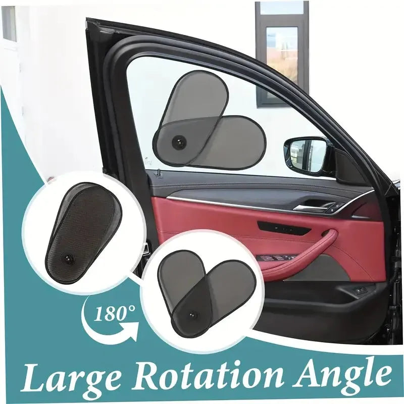Black stretchy car side window sunshade for babies, shown with suction cups attached.