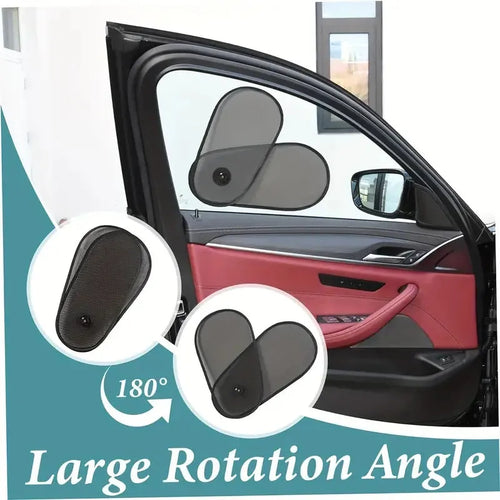 Black stretchy car side window sunshade for babies, shown with suction cups attached.