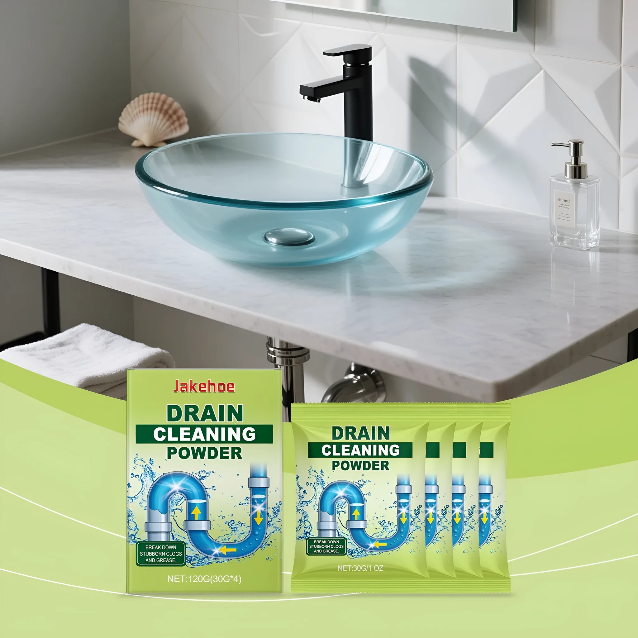 120g pack of drain cleaning powder for unblocking sinks and pipes.