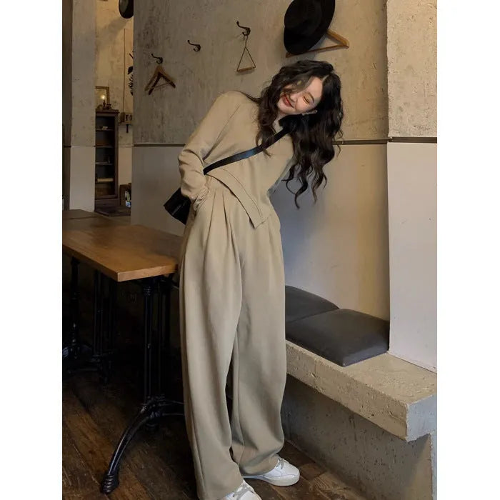 Women's khaki casual sport suit with loose fit long sleeve top and full-length trousers