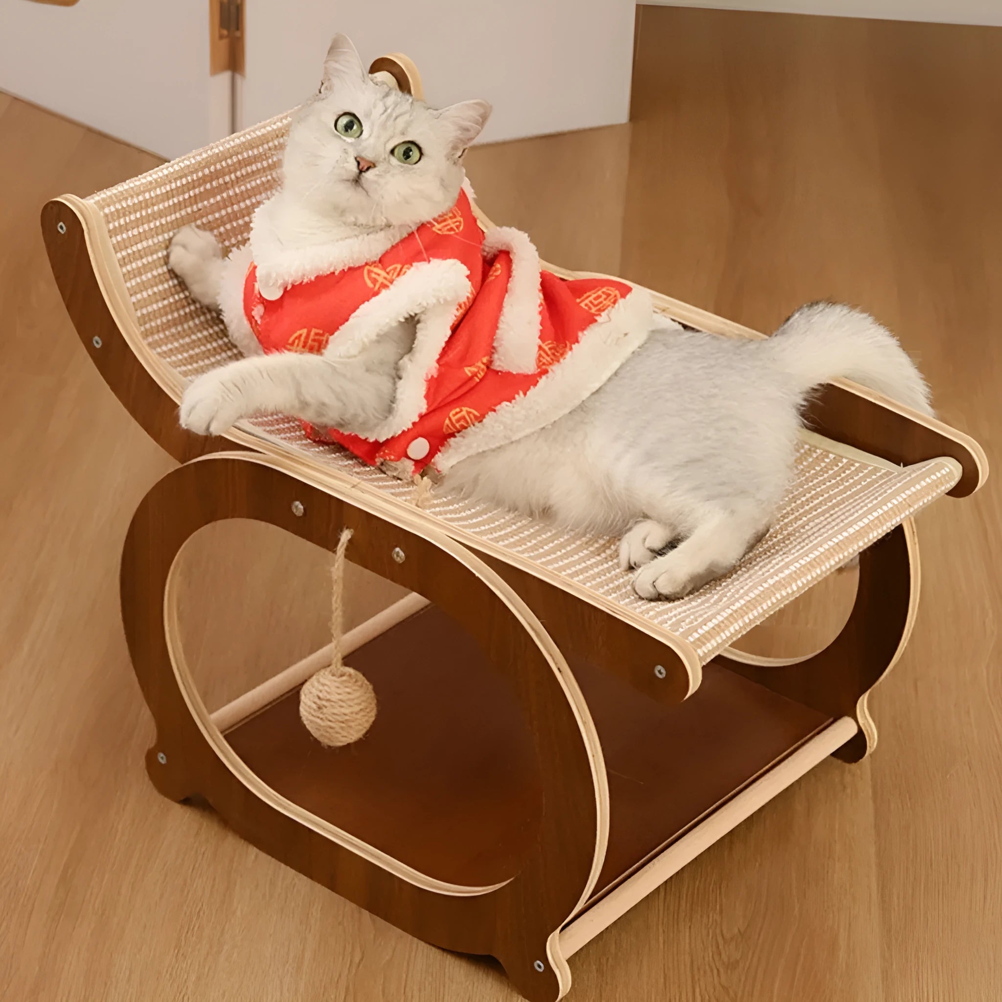 Solid wood sisal cat scratching mat and bed in walnut colour on wooden floor