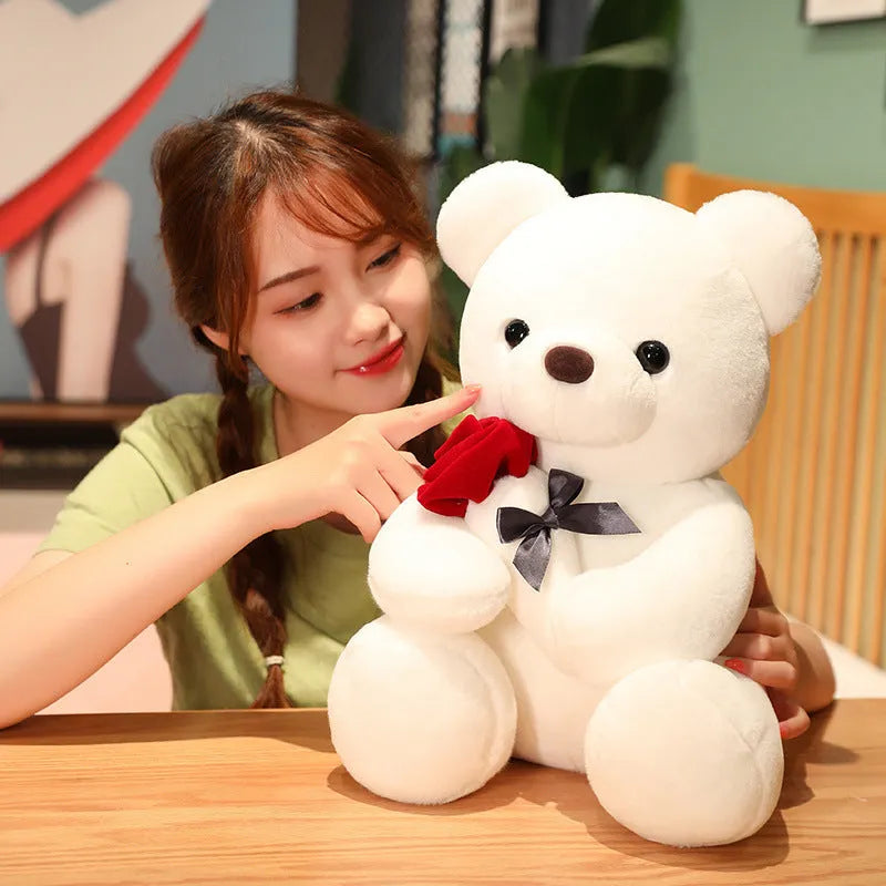 Rose bear plush teddy doll in beige, brown, or grey with soft short plush fabric