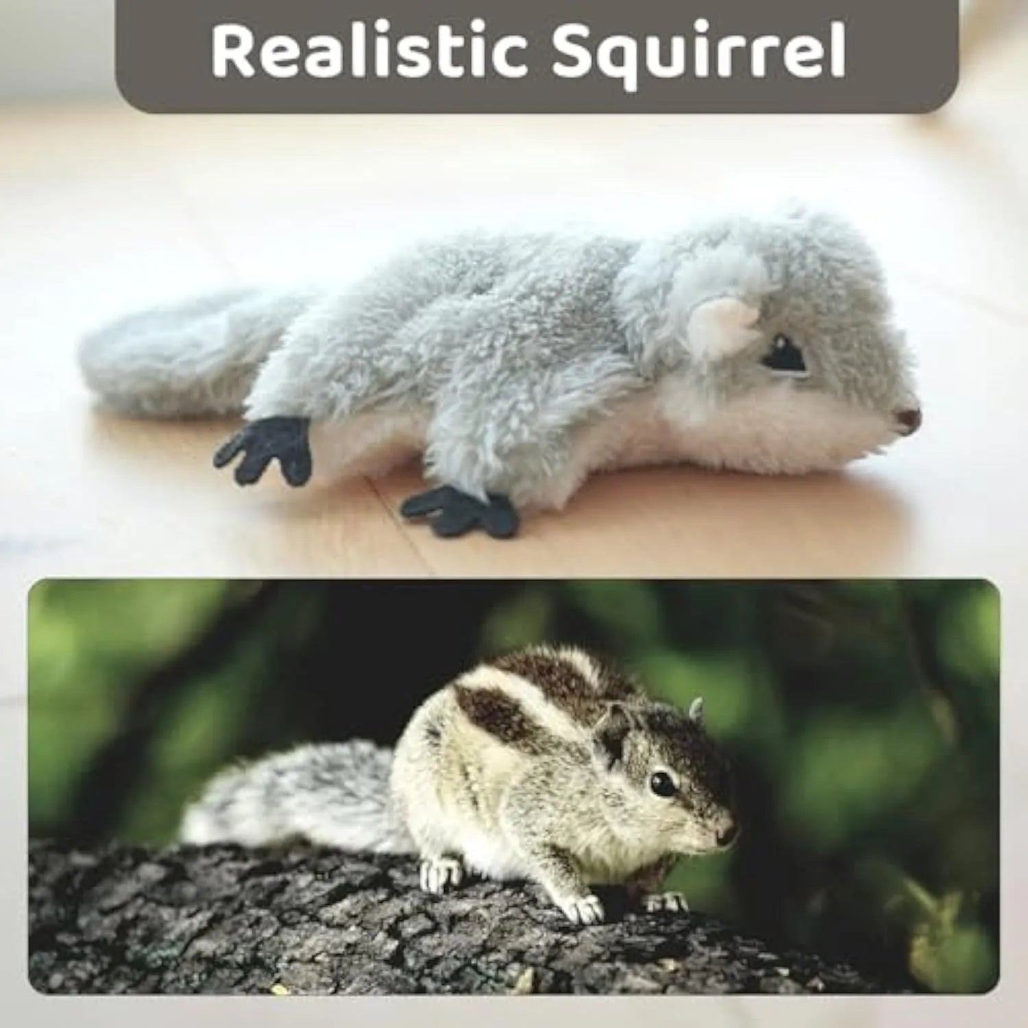 Gray flapping squirrel cat toy with motion sensor and USB charging cable