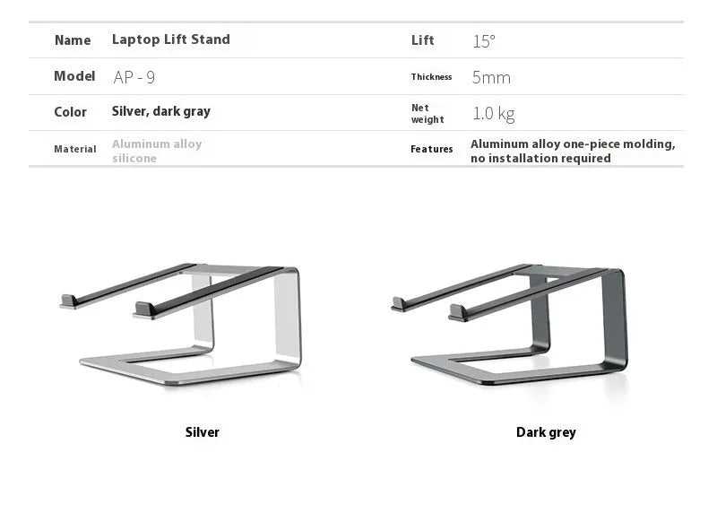 Aluminium alloy laptop stand on desktop in black colour with laptop elevated