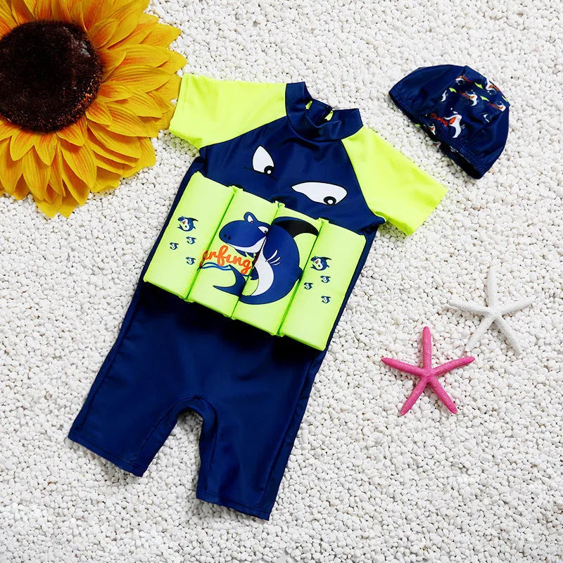 Children's buoyancy swimsuit with shark design showing one-piece swimwear with flotation features