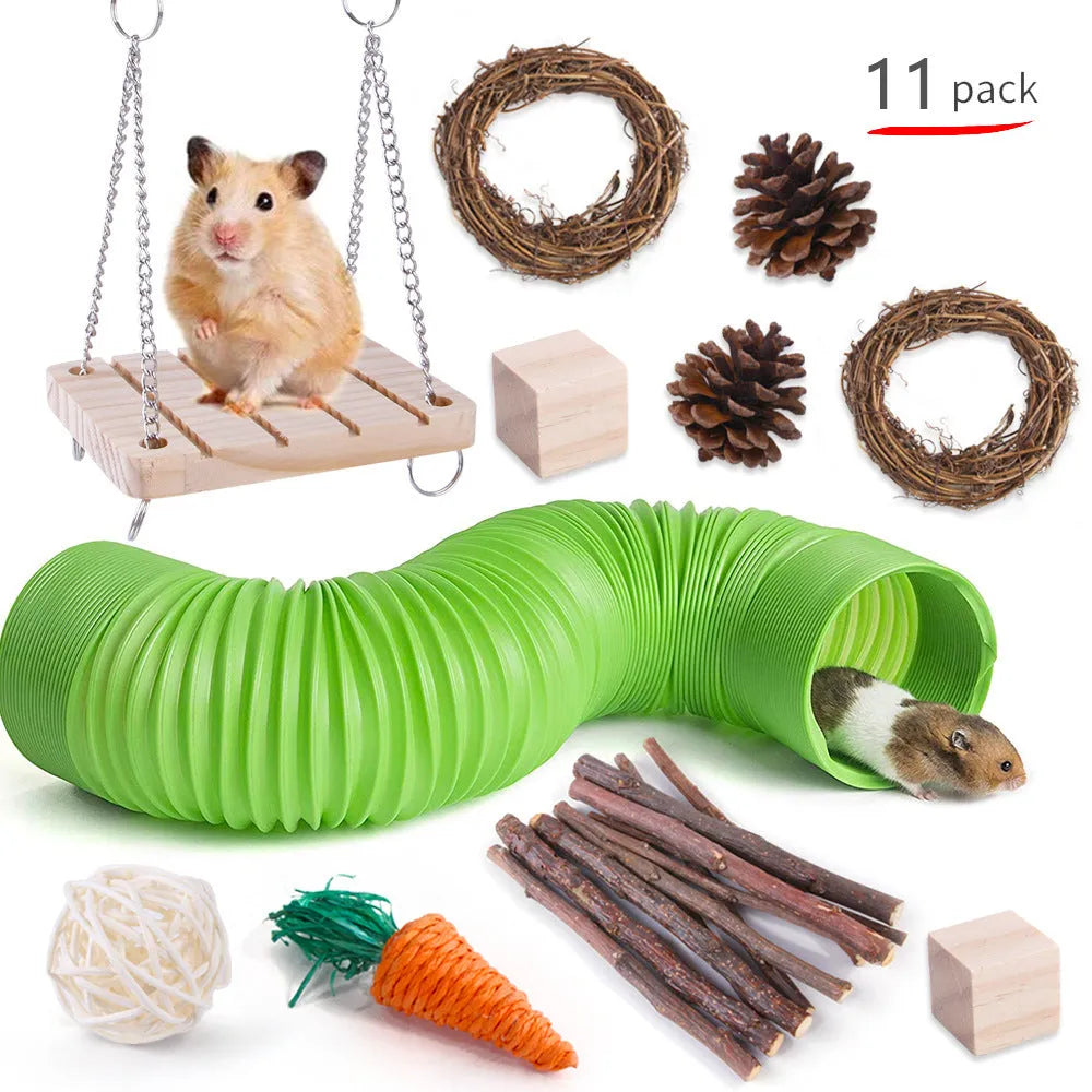 Natural wooden chewing toy set for small animals including straw mats, woven balls and plant-based components