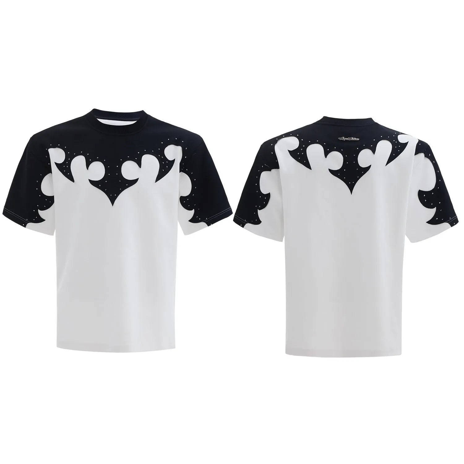 Men's grey short sleeve shirt with a raised burnt flower design and rhinestone detail on the chest.
