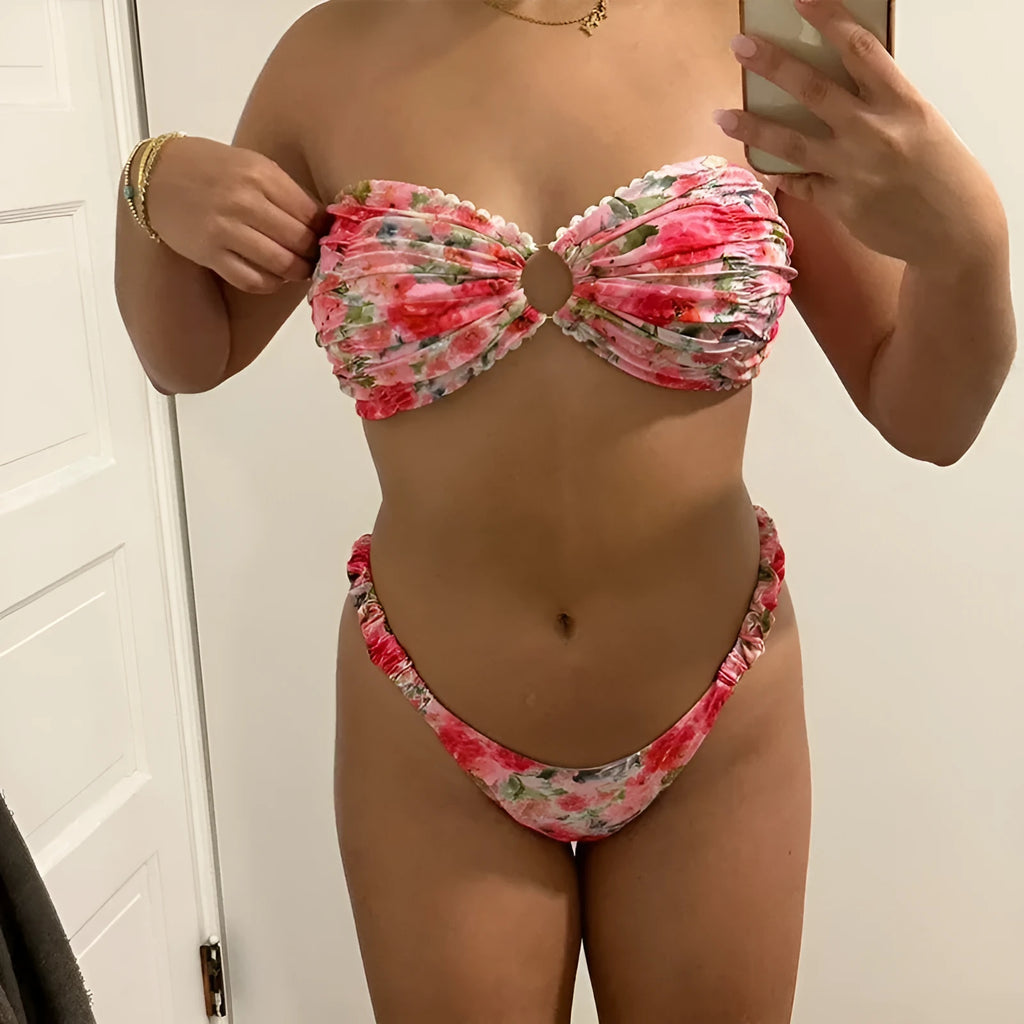 Women's floral print tube top bikini set with lace trim in blue colour