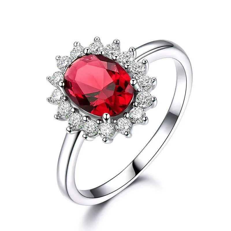 Copper women's floral ring with cubic zirconia stone in electroplated green, blue or red finish
