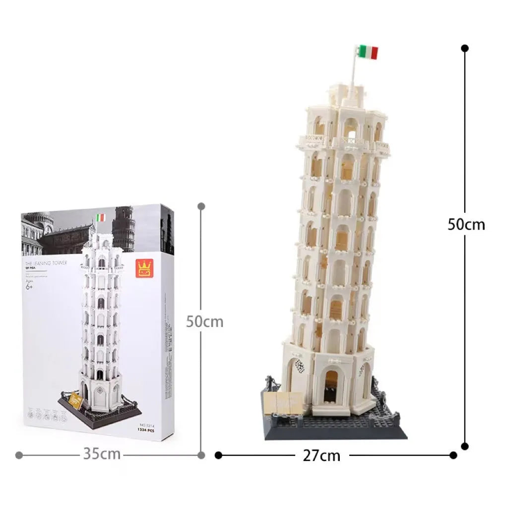 Wange building block set showing over 800 small ABS plastic pieces for constructing global landmark models.