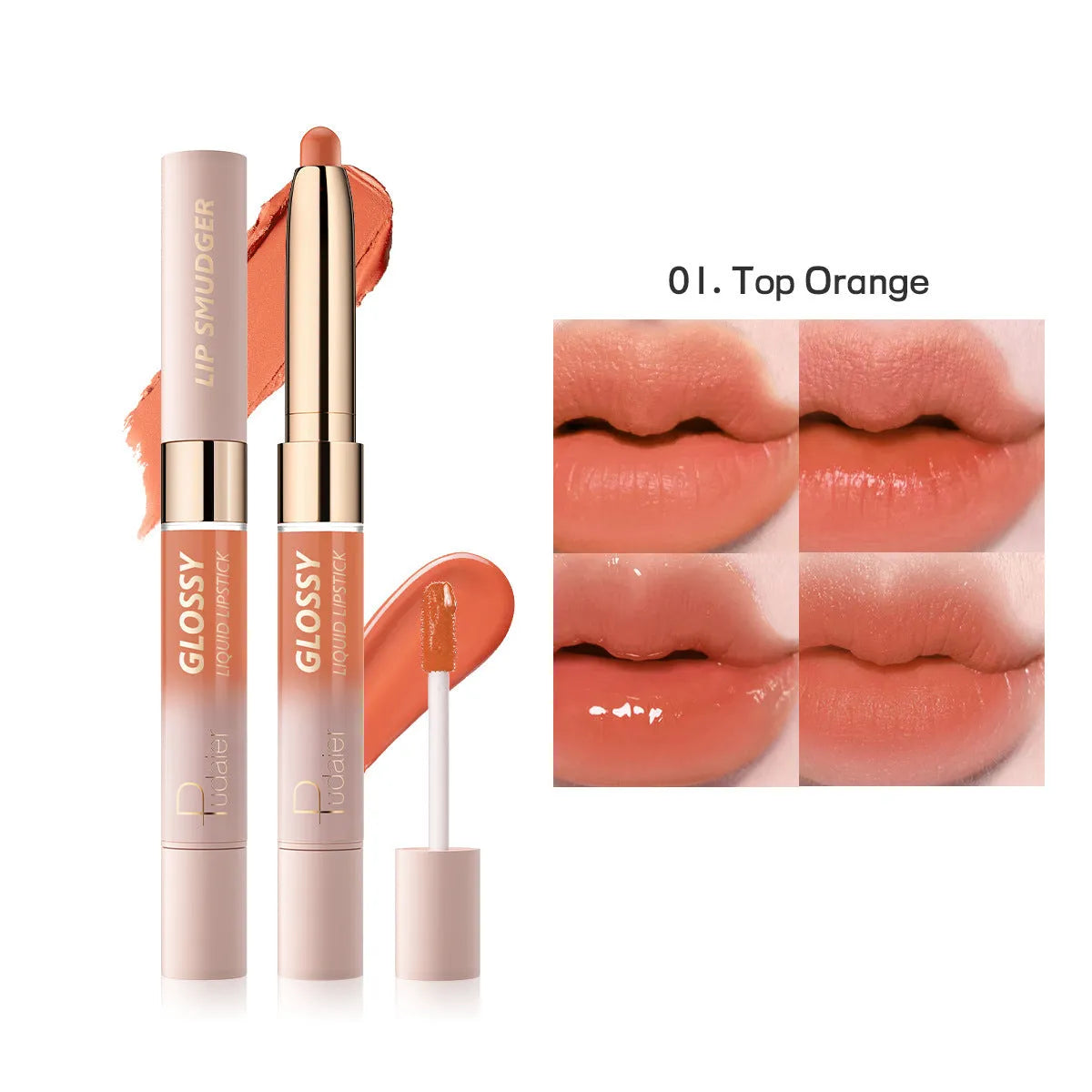 Double-headed lipstick and lip gloss set showing matte finish, available in ten different colour options.