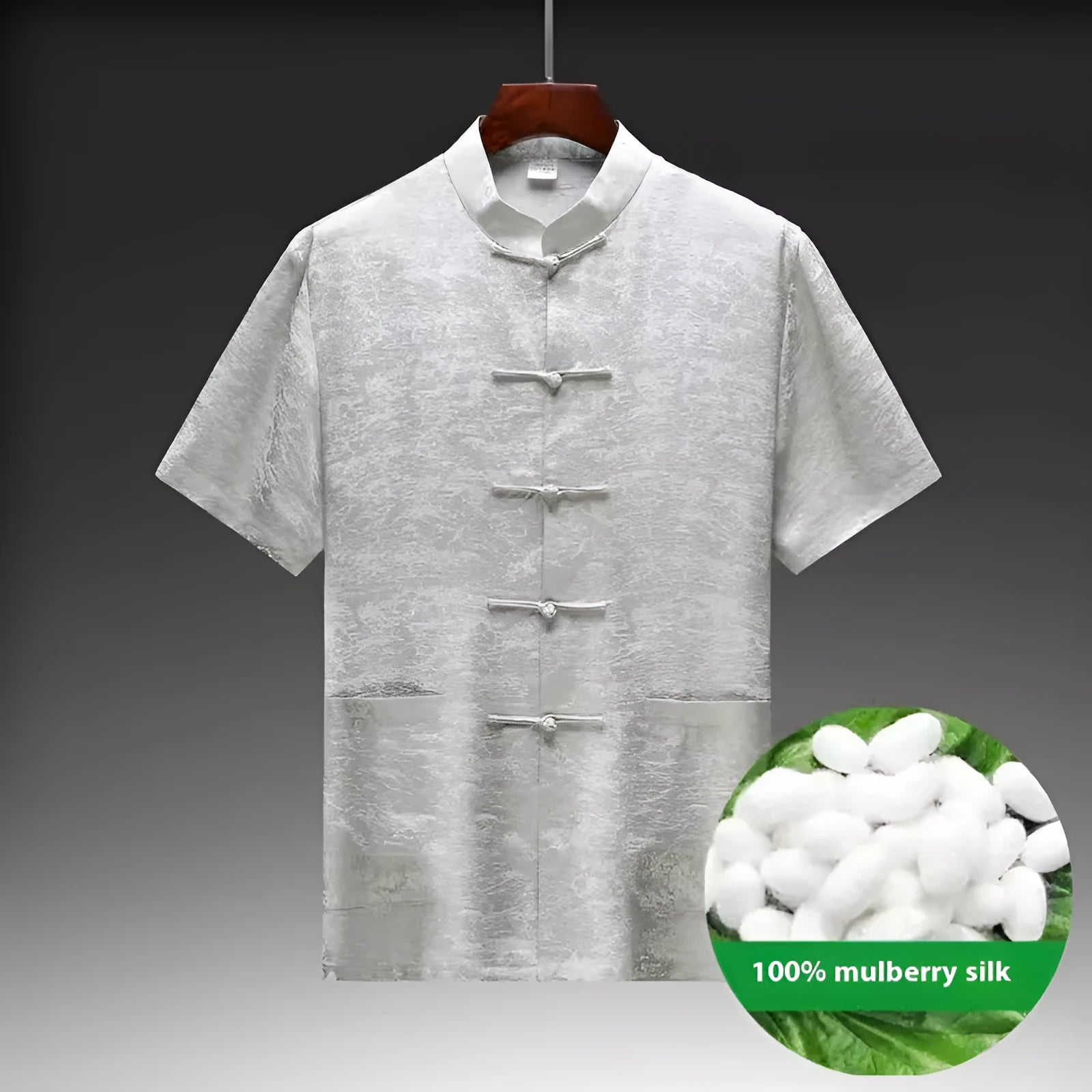 Men's traditional Chinese Tang suit in mulberry silk, available in light green, navy blue, and white.