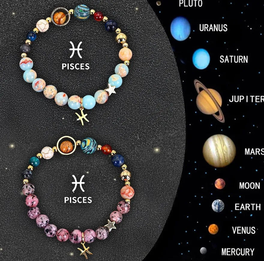 Twelve zodiac sign natural stone bead bracelets with astrology charms
