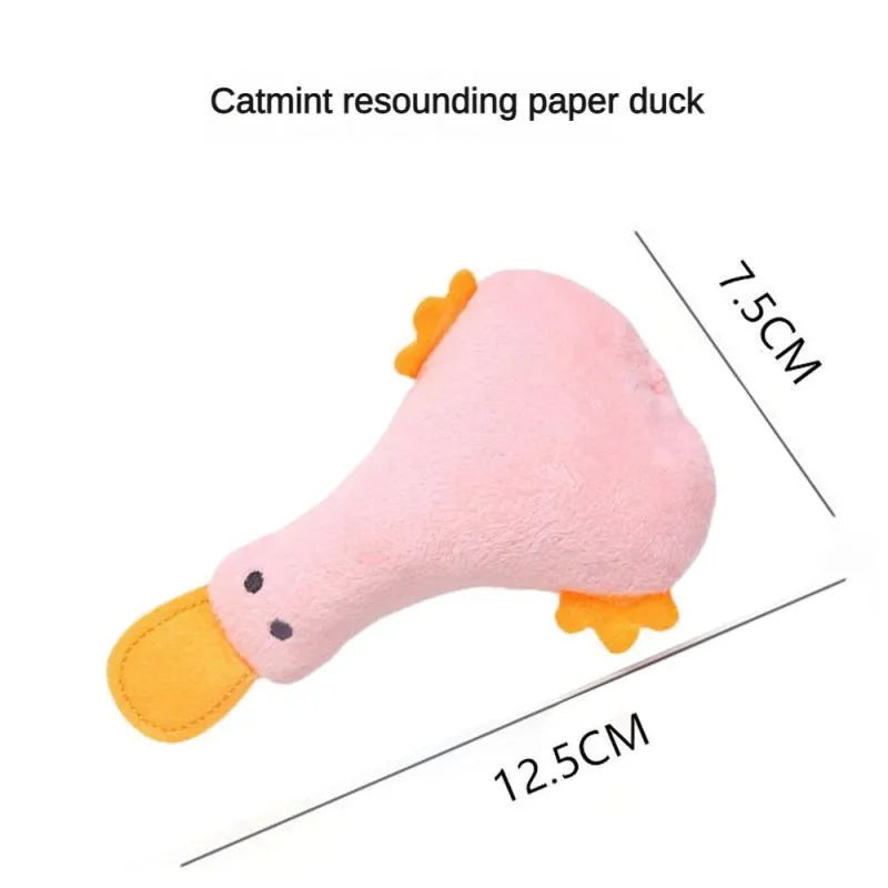 Yellow duck plush pet toy with squeaker and catnip for dogs and cats