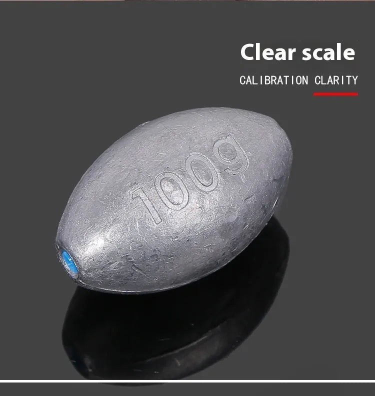Olive lead sea fishing sinker with plastic core and scale texture, shown with weight options from 10 to 150 grams.