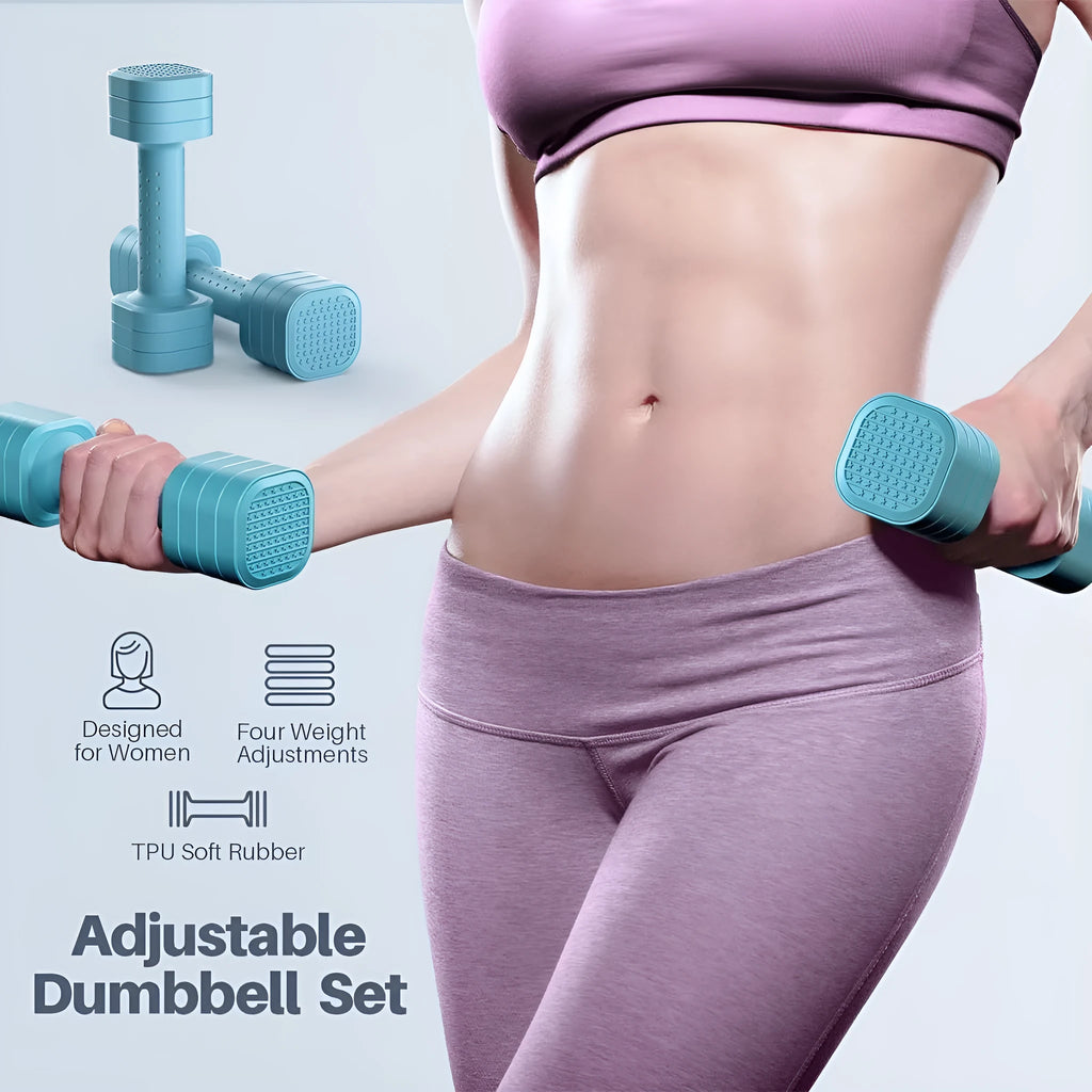 Detachable adjustable weight dumbbell set in pink, blue, black and purple colours for women's home fitness