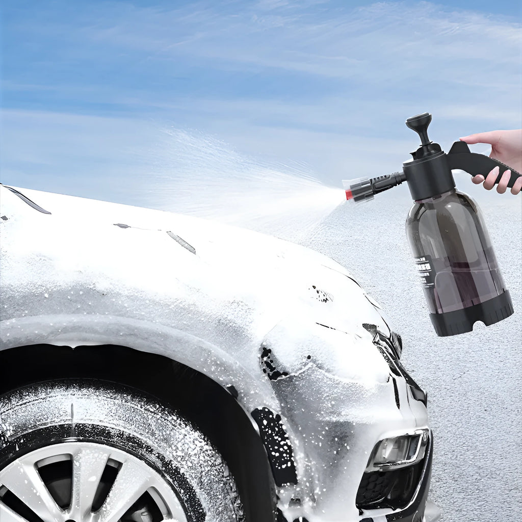 Black hand-held foam sprayer with 2 litre capacity for garden watering and car washing