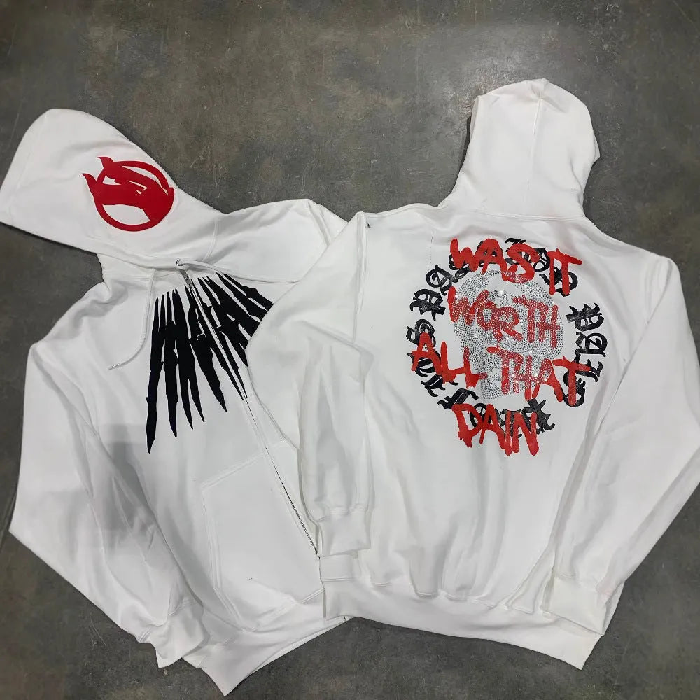 Black loose hooded sweatshirt with white skull print and rhinestone details, cardigan style with long sleeves