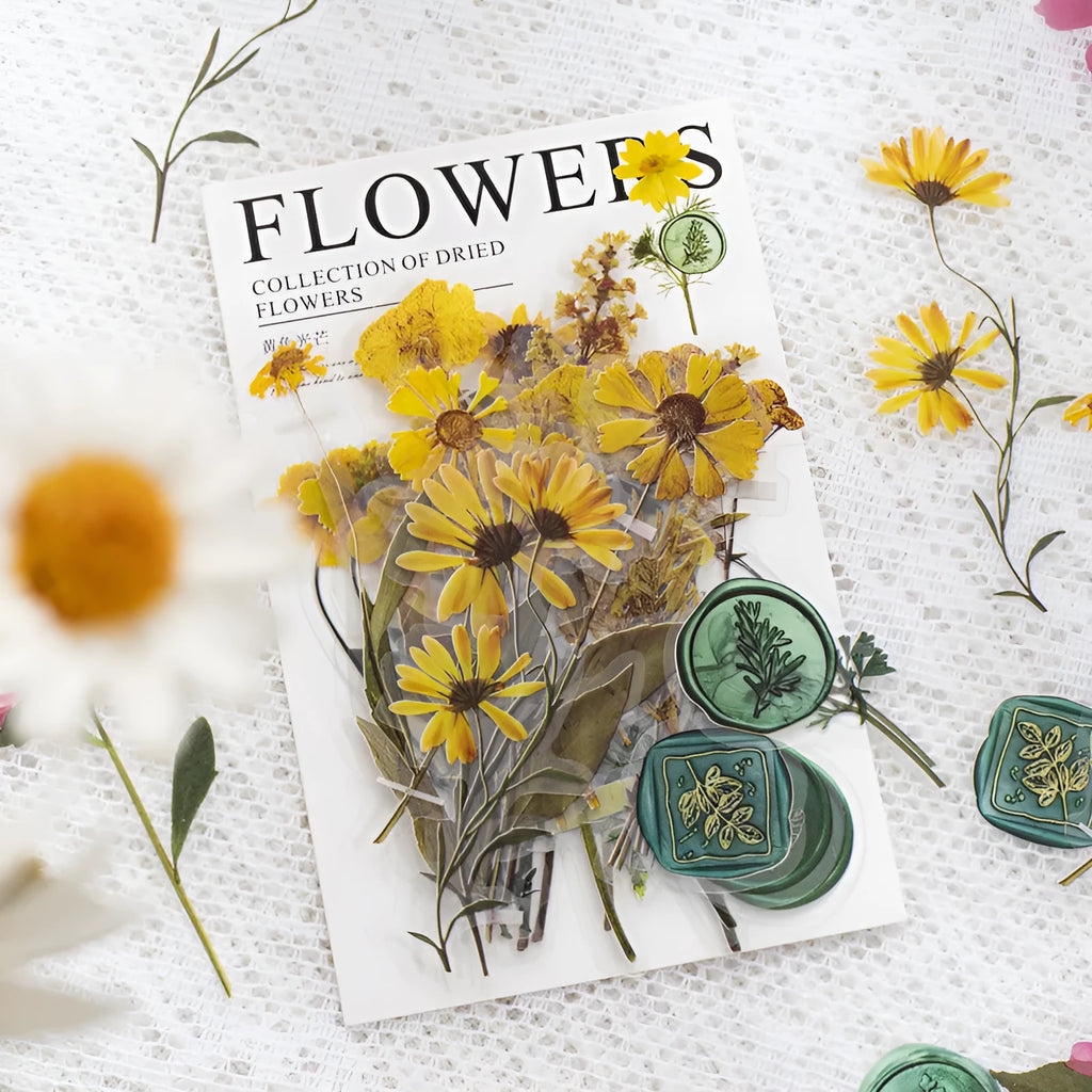 Set of dried flower journal decoration stickers in 8 styles including Dark Night Purple and rose nebula designs
