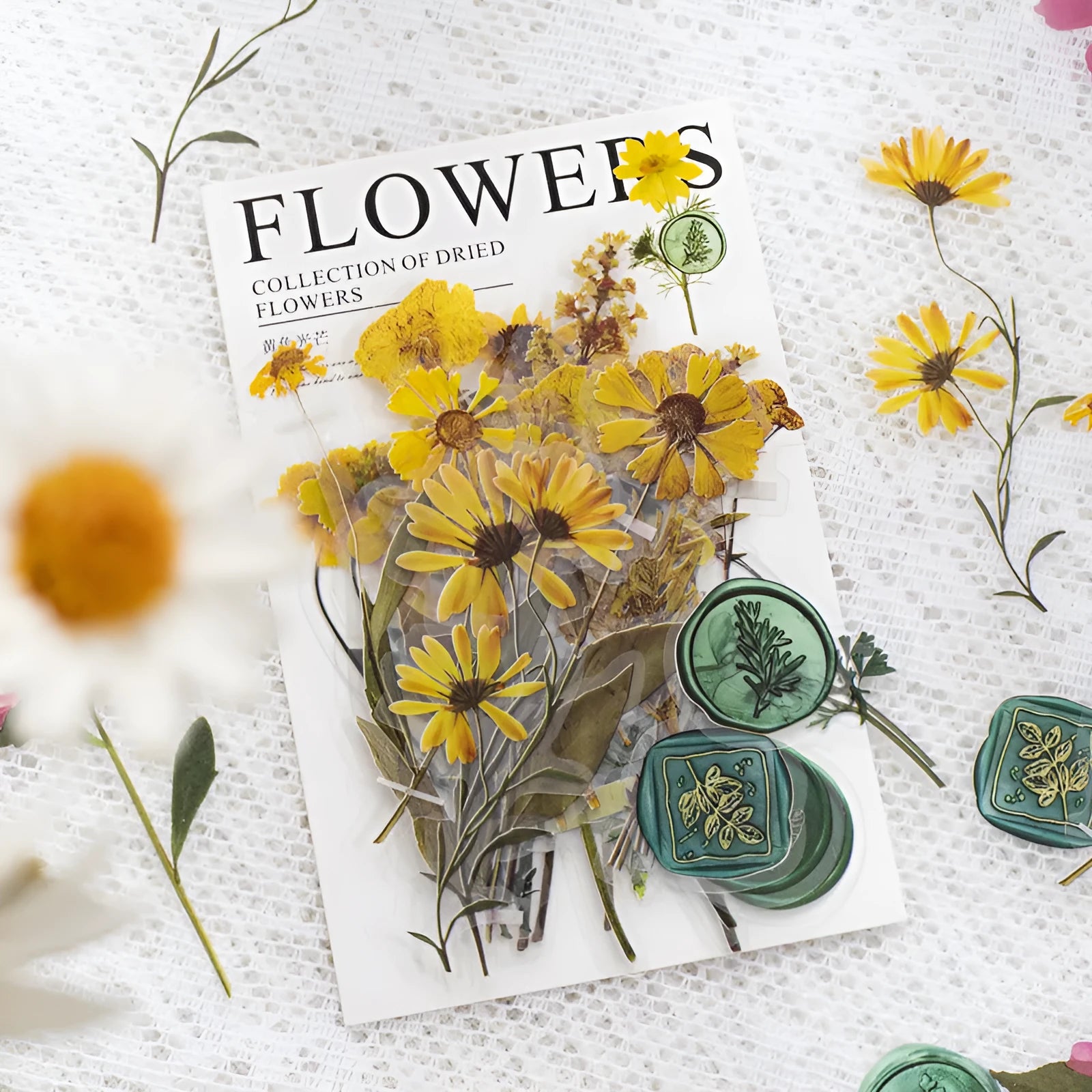 Set of dried flower journal decoration stickers in 8 styles including Dark Night Purple and rose nebula designs