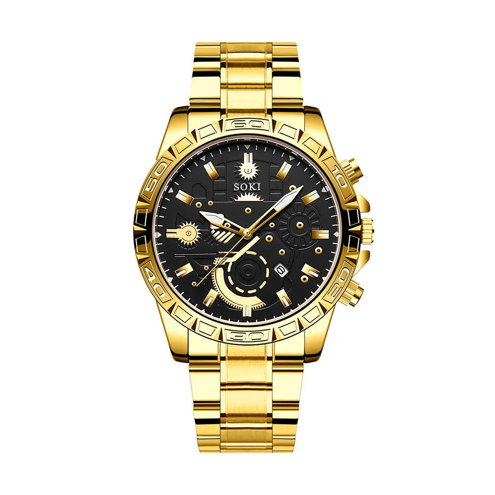 Men's gold business quartz watch with stainless steel strap showing 10mm thickness and single folding buckle