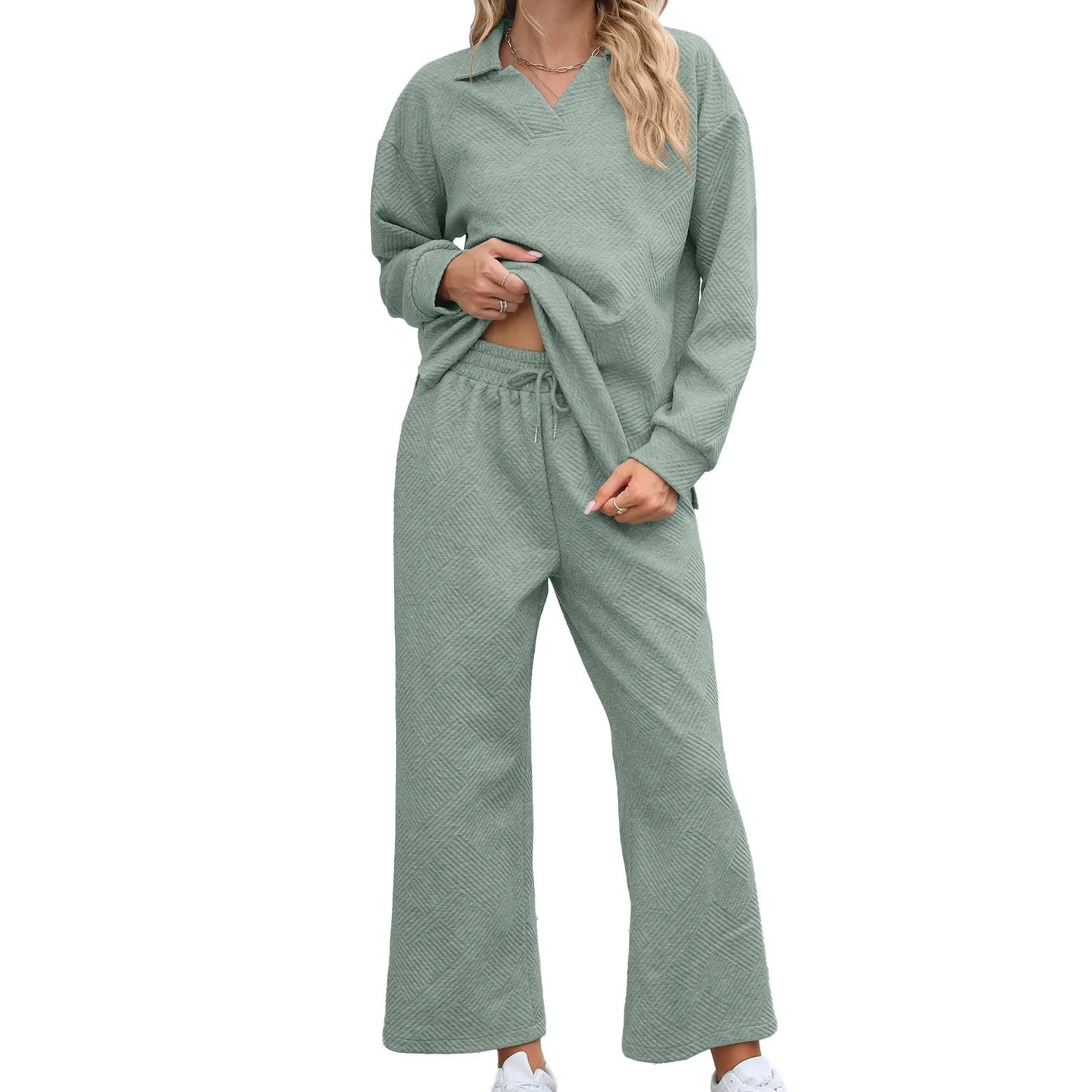 Women's solid colour knitted jacquard sweater and elastic waist pants suit in urban style