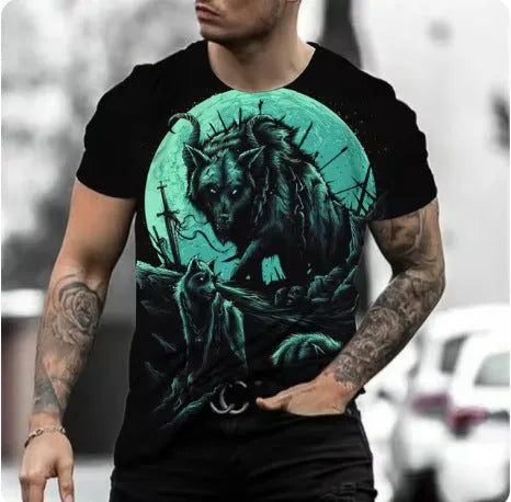 Retro 3D animal print on a men's short-sleeved light blue polyester t-shirt laid flat.