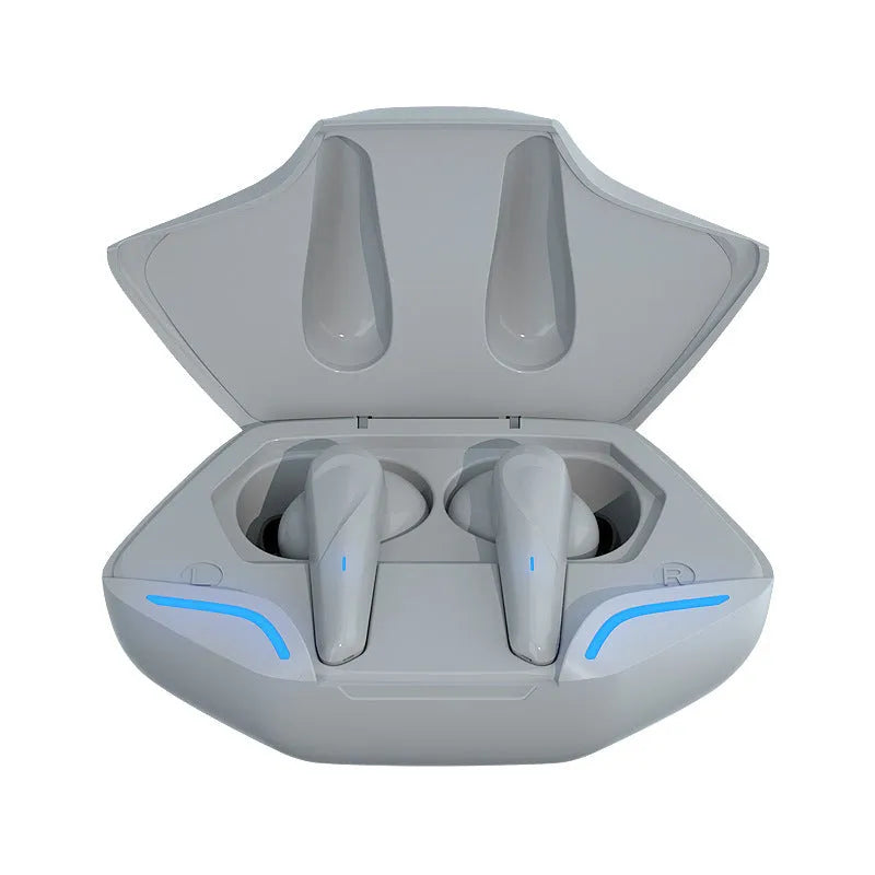 Wireless Bluetooth gaming earbuds with a portable charging case, shown in multiple colour options.