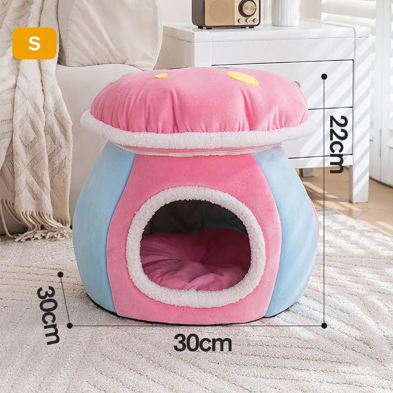 Purple mushroom-shaped plush cat bed for small pets on a grey background.