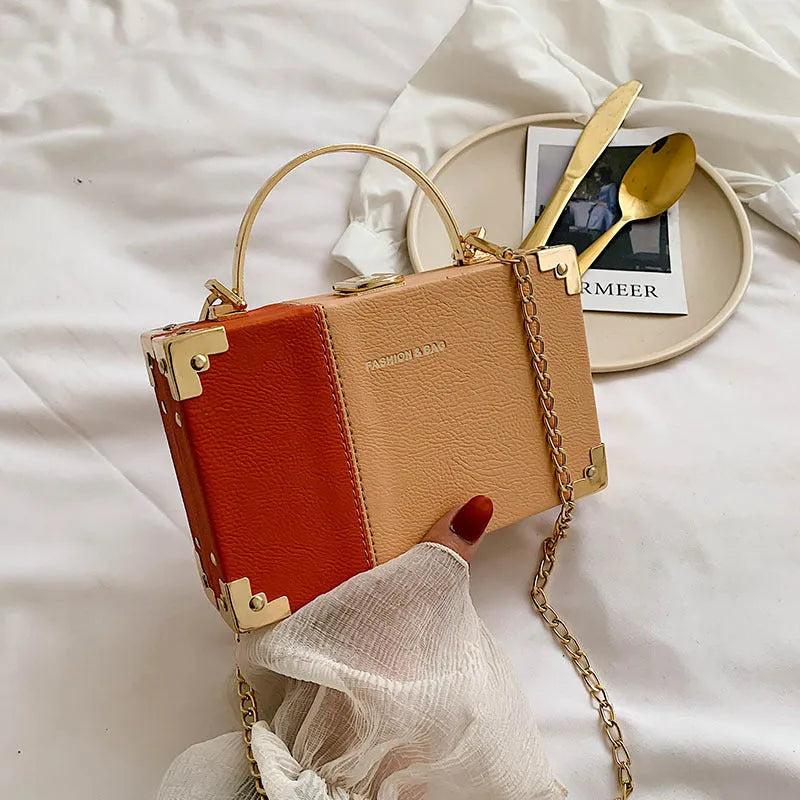 Handle box design ladies party clutch bag in PU leather with long chain, 19cm length, Orange colour