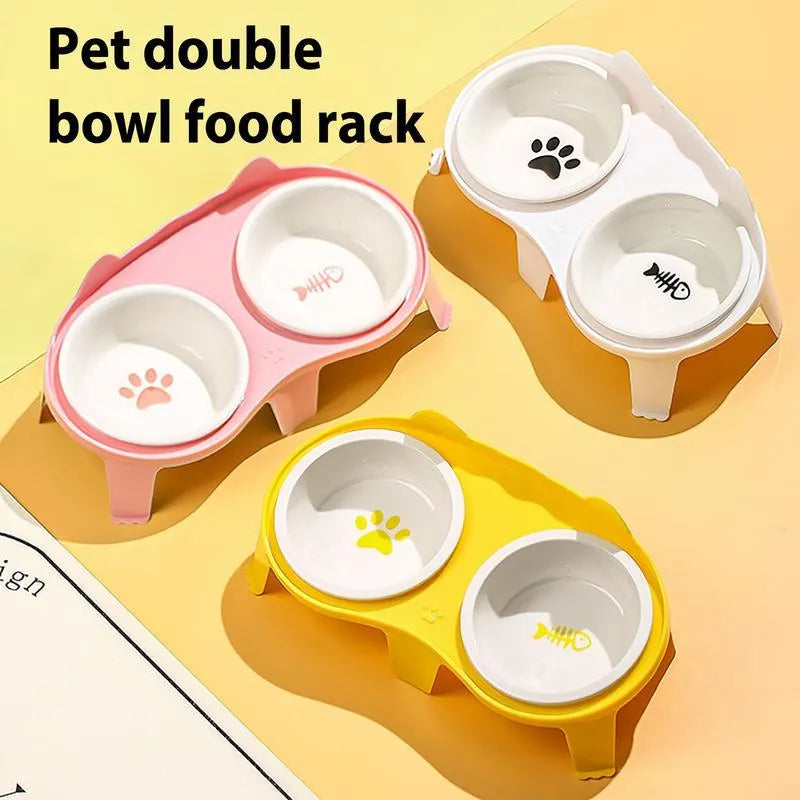 Ceramic cat bowl set with elevated tilted design on ABS stand, blue colour option