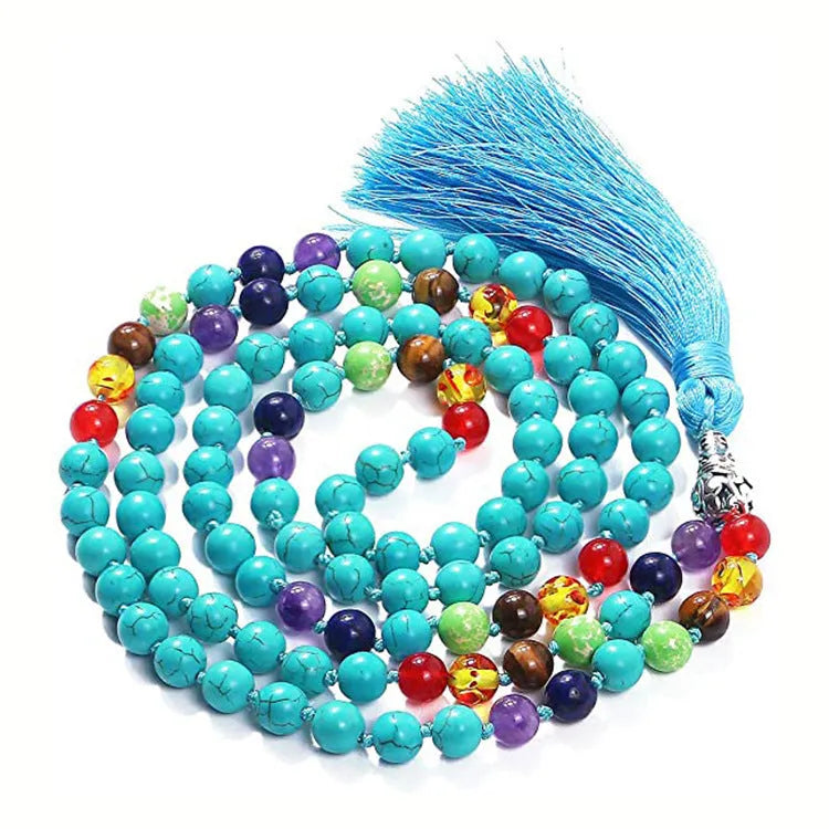Long geometric agate necklace with tassel pendant in natural stone colours on a 95-100cm chain.