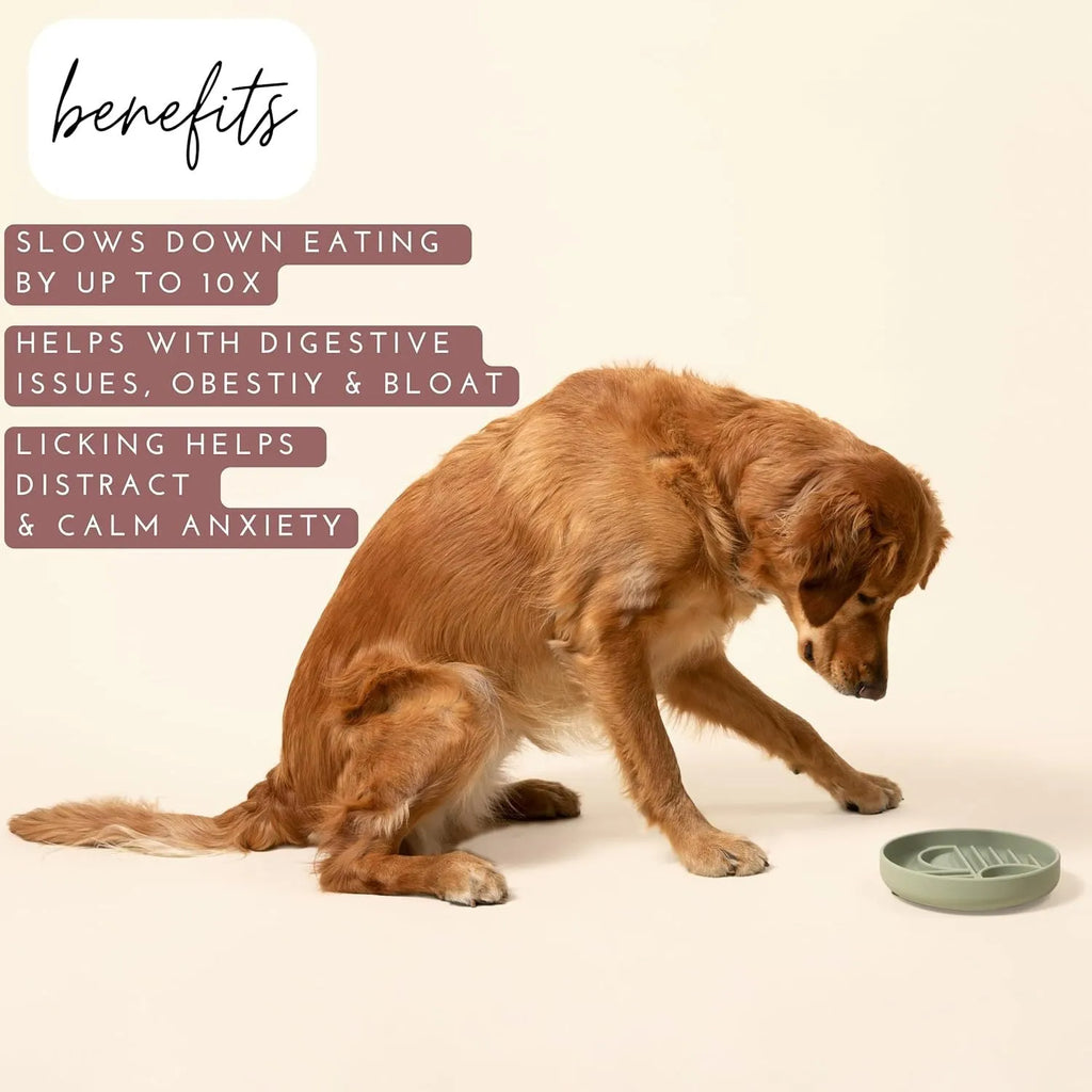 Silicone slow feeder dog bowl with ridges, shown in mustard green colour