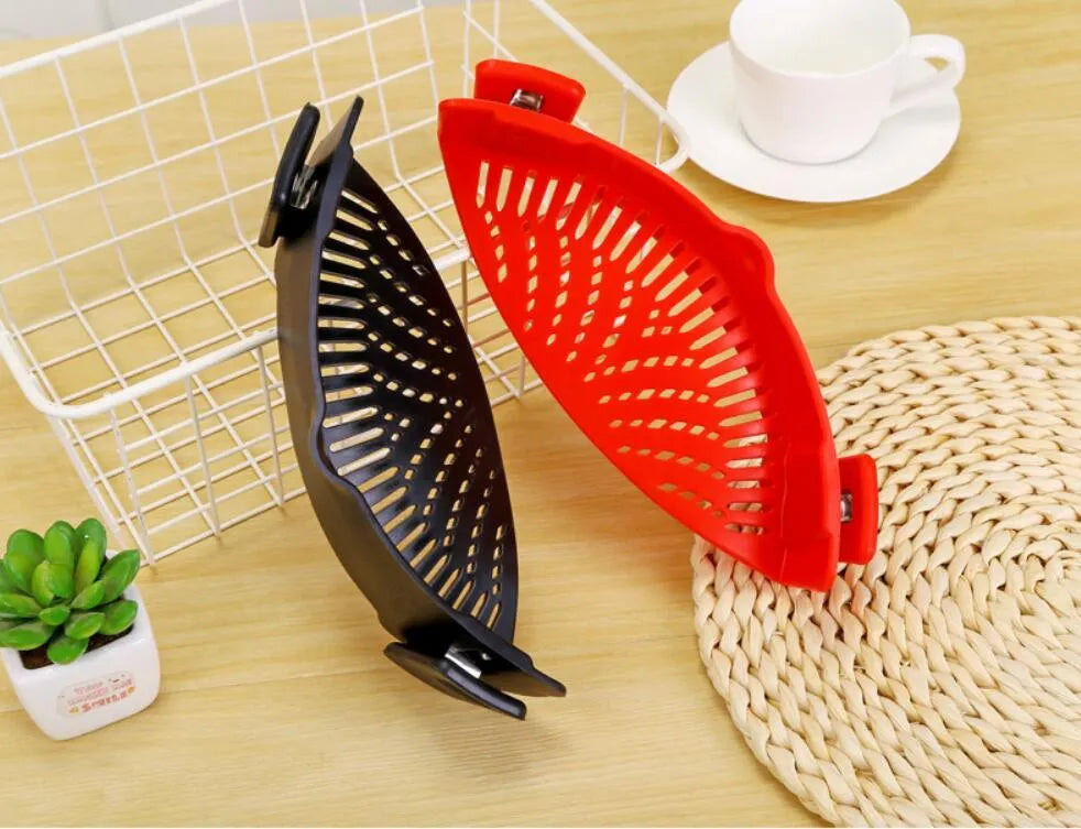 Silicone clip-on pot funnel strainer with stainless steel insert for draining liquids