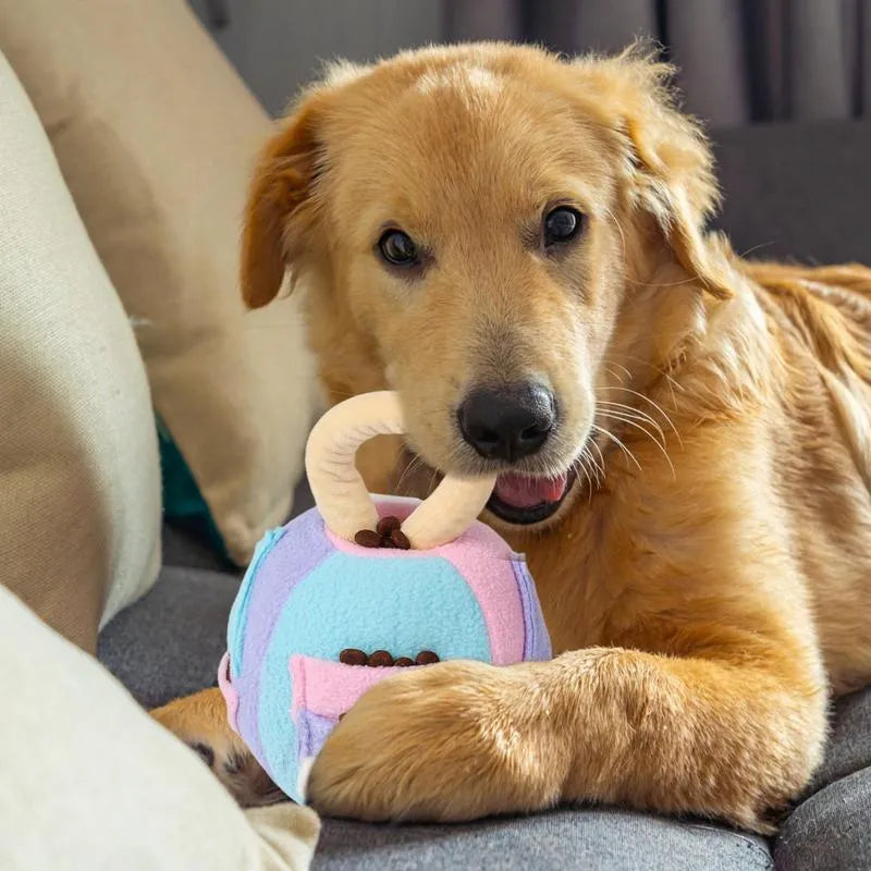 Polyester plush squeaky dog ball toy with treat pockets in pink or green colour for small medium dogs