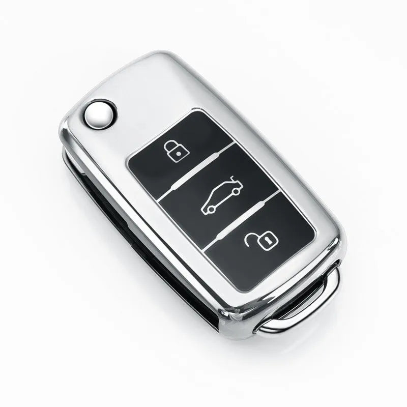 TPU car key case for Volkswagen Model A folding keys in blue, pink, red, and silver colours with buckle clip.