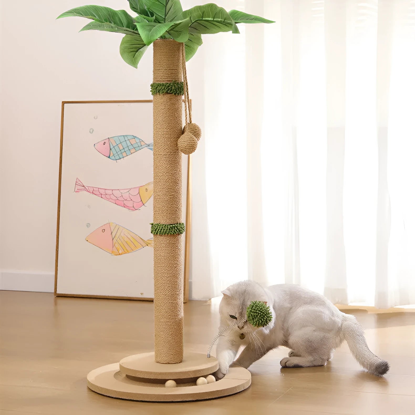 Vertical cat climbing frame with natural hemp rope and cannabeveled scratching posts.