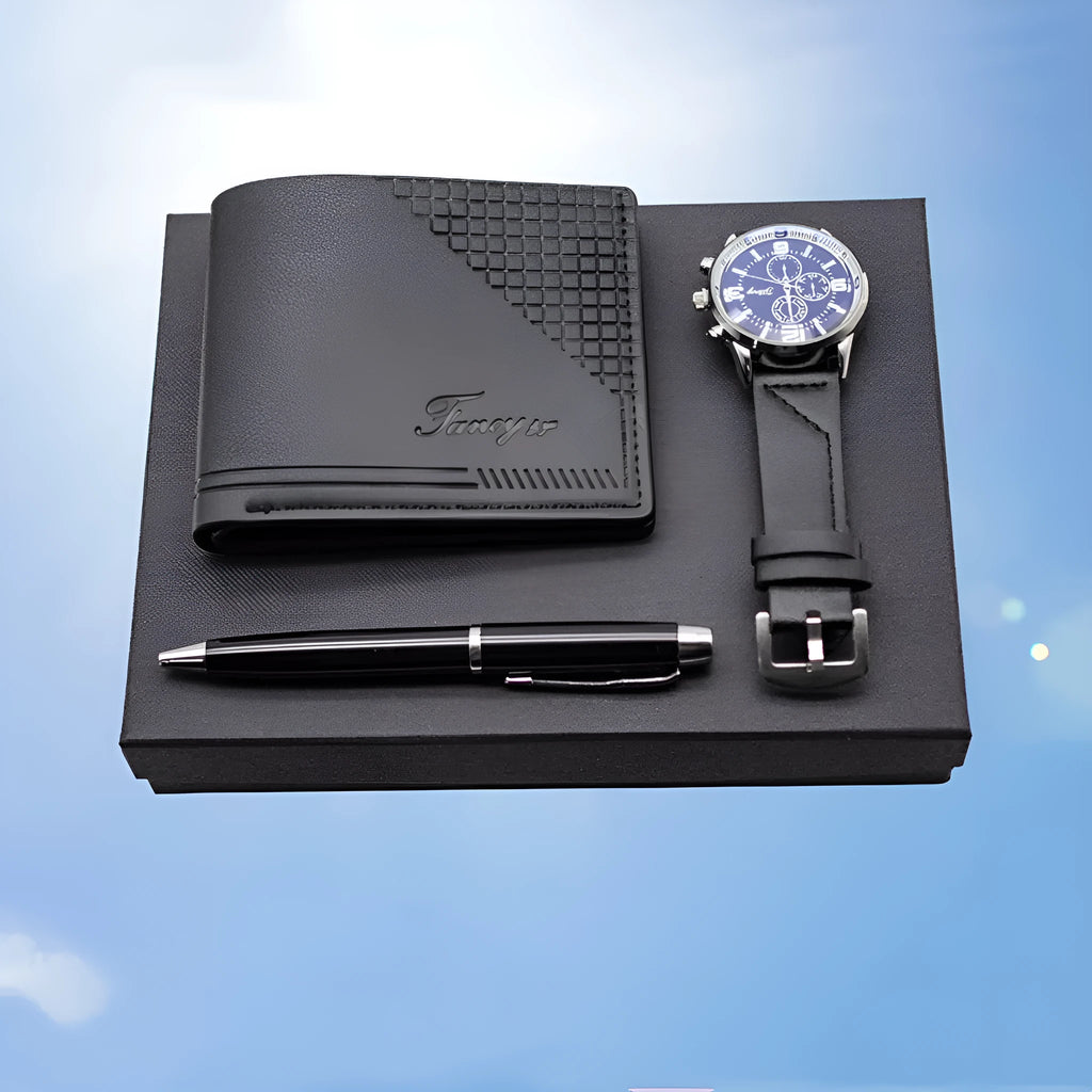 Creative Holiday Gift Set featuring a brown wallet, pen, and watch inside an elegant paper gift box.