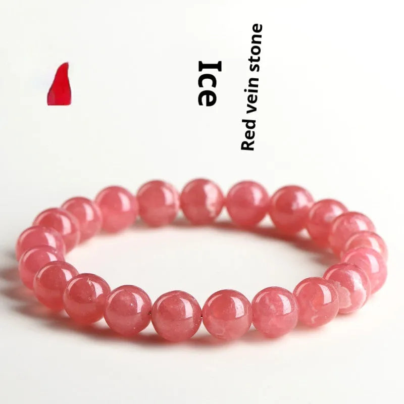 Women's red rhodochrosite crystal bracelet with geometric design and longevity lock fastening