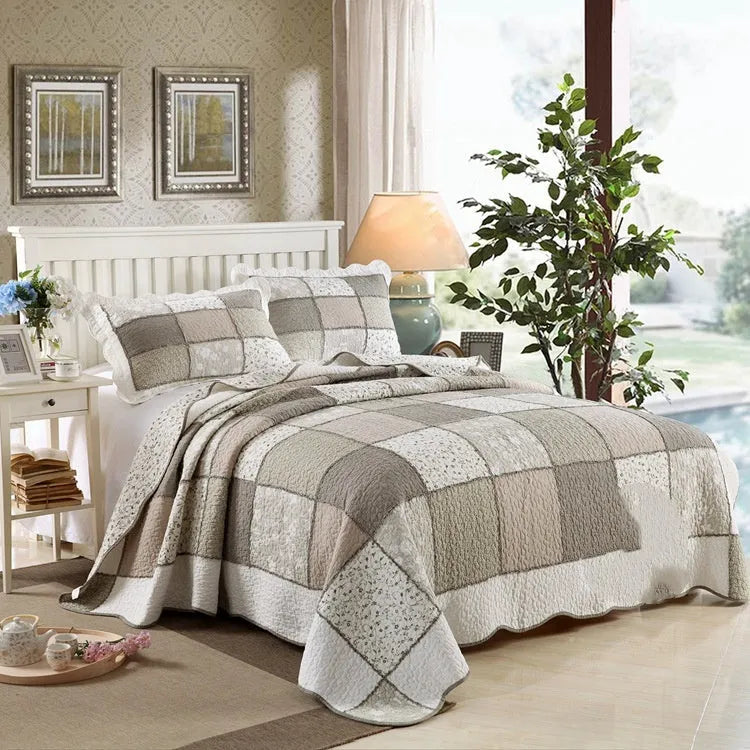 Pure cotton Korean style bedspread set with quilted texture on a bed, showing non-slip cover and matching pillowcases.