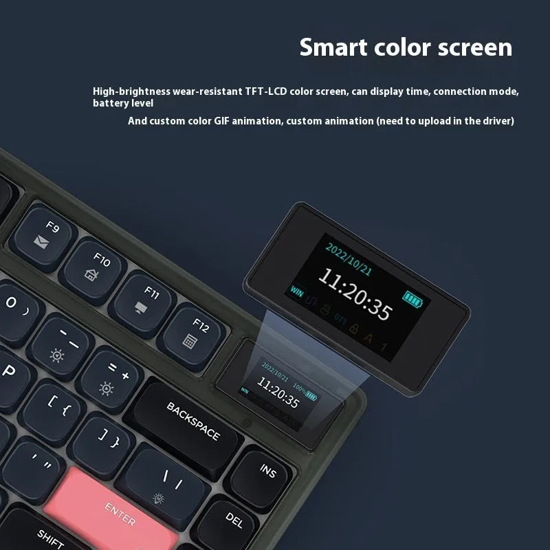 Ajazz AK832PRO mechanical keyboard with colour screen, green case, and RGB backlighting