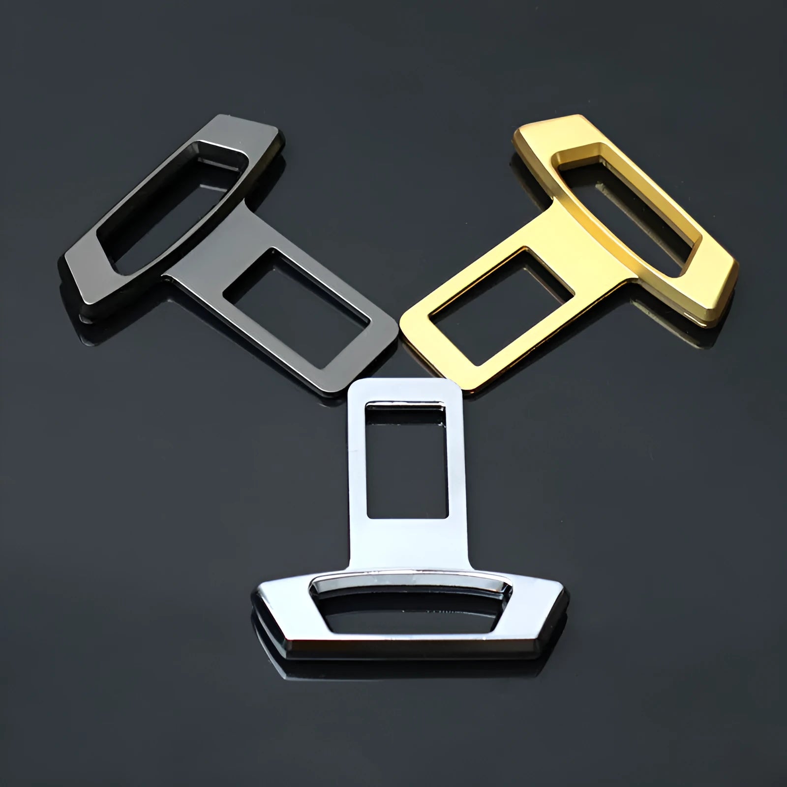 Metal car audio silencer insert shown in matte black, gold, and silver colour options.