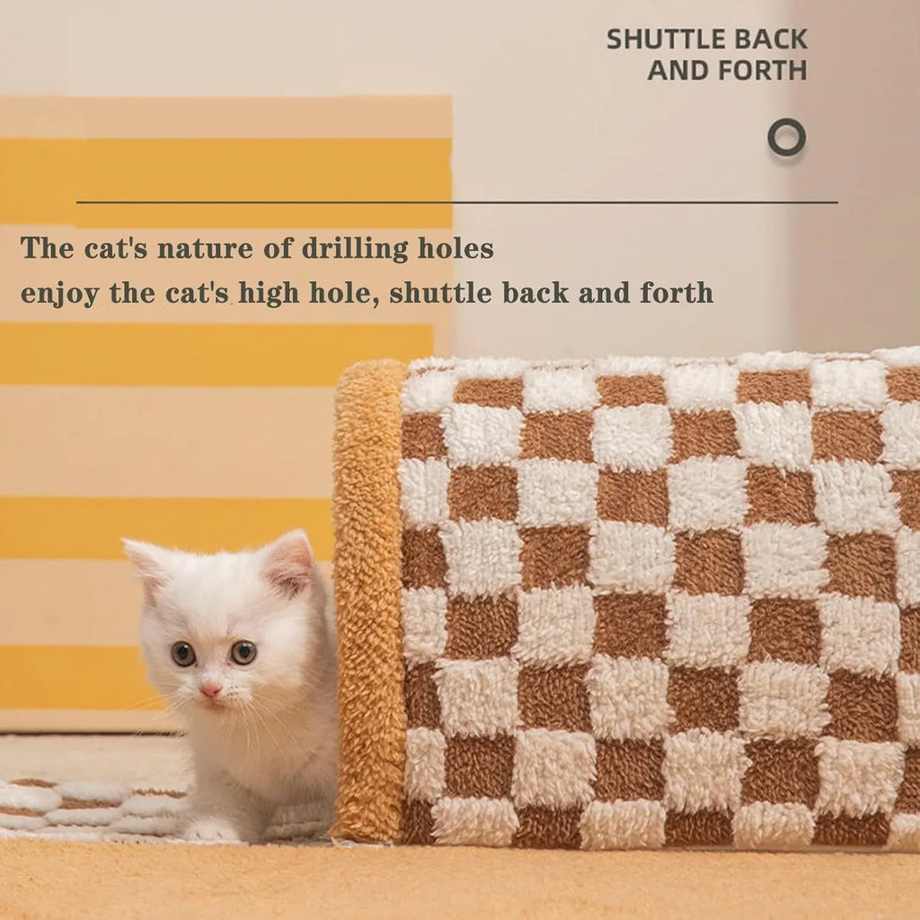 Brown plaid cat tunnel bed with central mat showing non-slip bottom and zipper closure